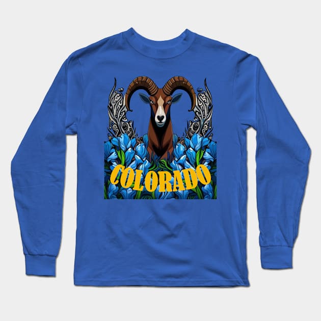 Colorado Bighorn Sheep With Blue Columbine Flowers Long Sleeve T-Shirt by taiche